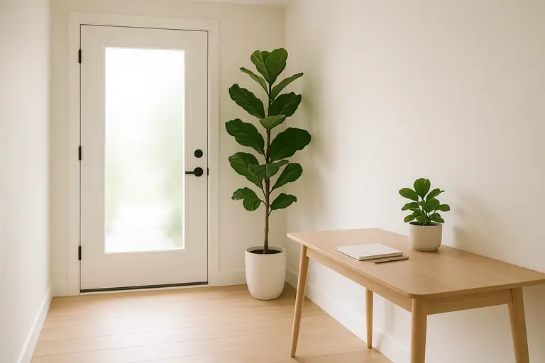 Minimalist interior with bright entrance and plants