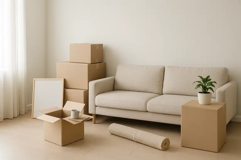Minimalist home interior with moving items