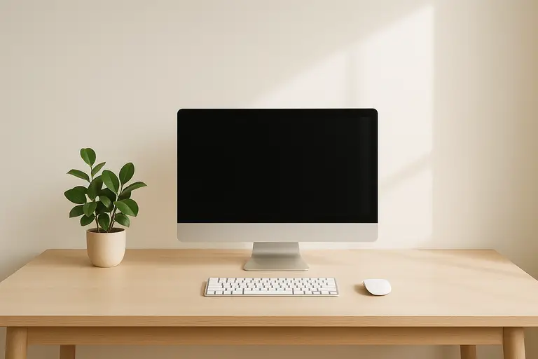 Minimalist office desk with a plant in soft light